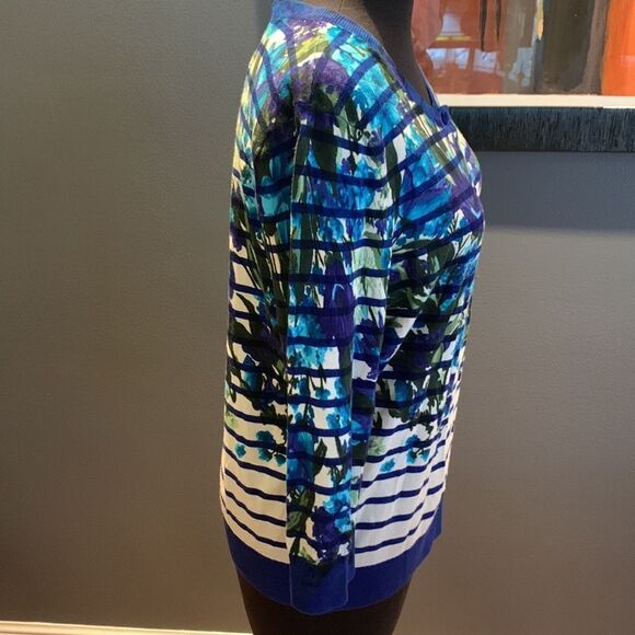 Talbots blue/white stripe floral pattern overlay cardigan sweater. - Picture 4 of 7